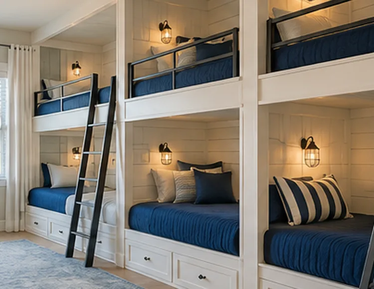 Illustrative room concept featuring custom built-in bunk beds with dark blue bedding
