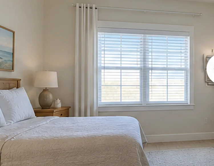 Illustrative traditional coastal bedroom with a regular bed