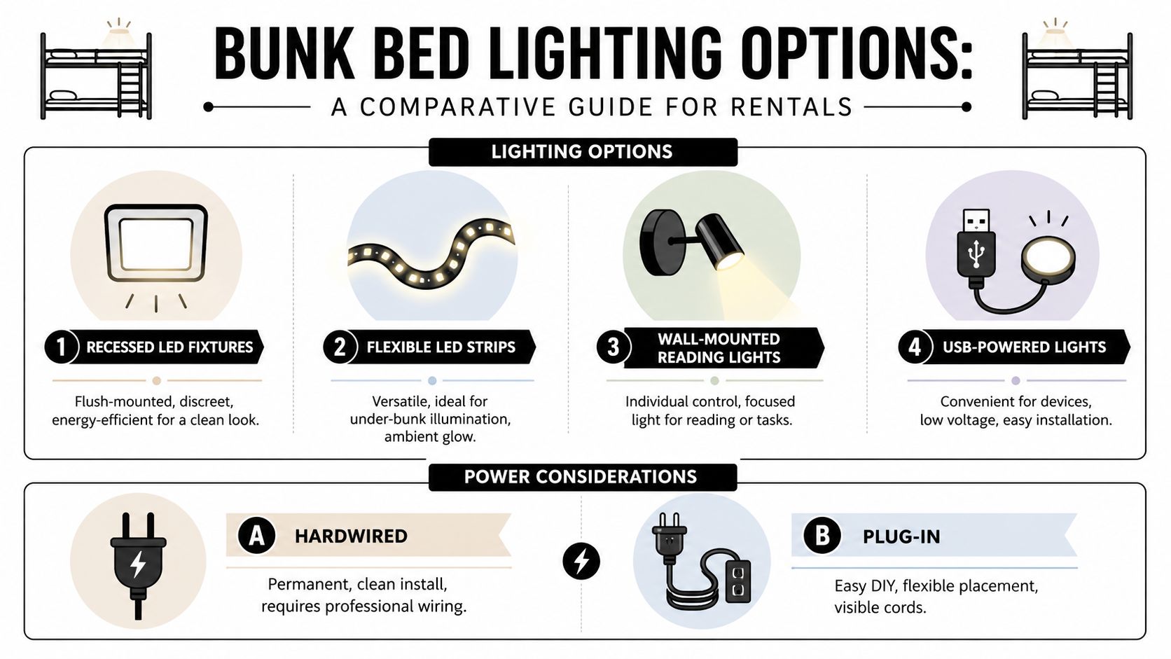A comparative guide infographic displaying various bunk bed lighting options and power supply methods for vacation rentals.