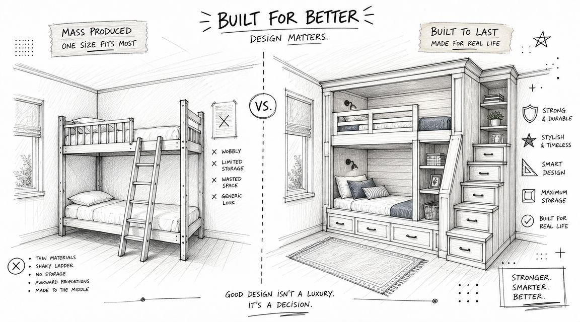 A comparative sketch illustration showing standard mass-produced bunk beds versus custom built-in bunk bed designs.
