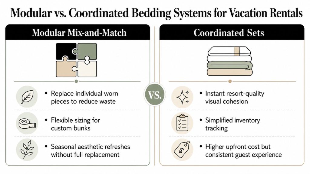 A comparison infographic between modular mix-and-match bedding systems and coordinated sets for vacation rental property owners.