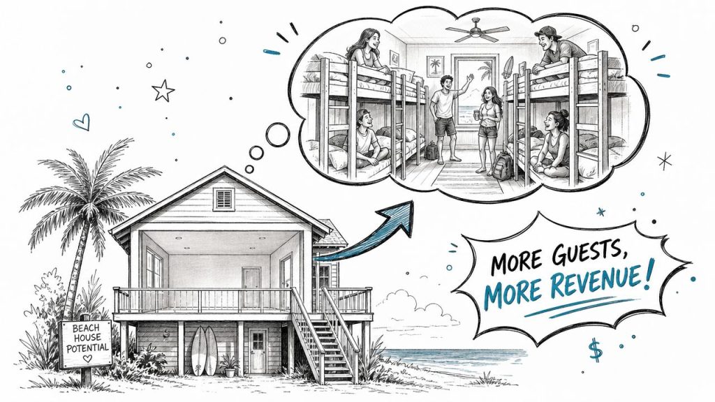 A conceptual illustration showing a beach house transforming into a hostel with bunk beds for increased revenue.