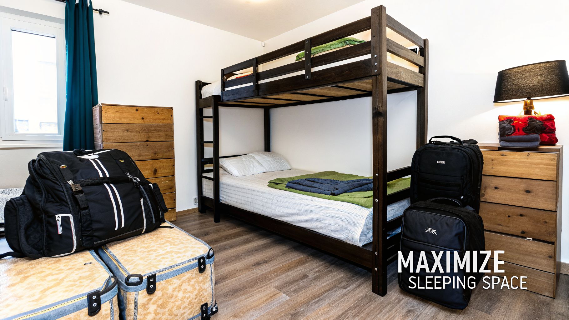 A cozy bedroom featuring a solid wood bunk bed, with two beds, luggage, and wooden storage, optimizing sleeping space.