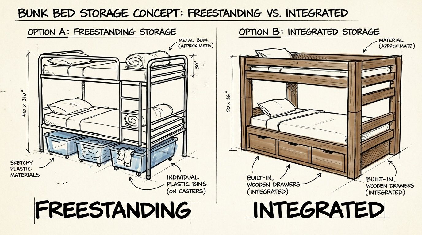 A diagram comparing freestanding storage using plastic bins versus integrated storage with built-in wooden drawers for bunk beds.