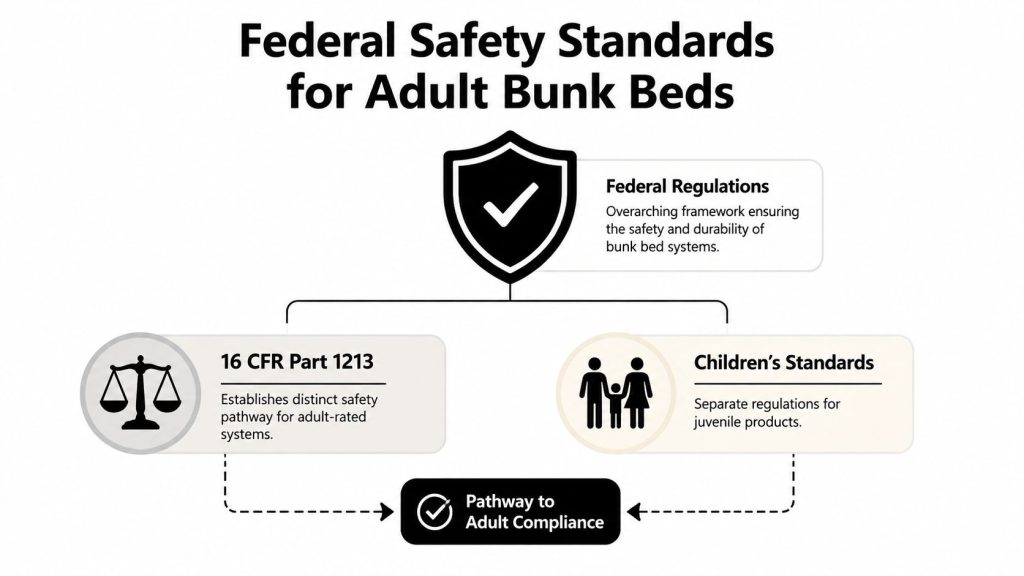 A diagram illustrating federal safety standards, regulations, and compliance pathways for adult-rated bunk bed systems.