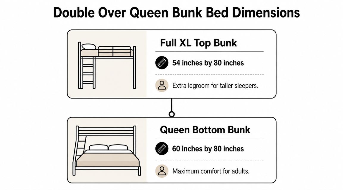 A diagram showing the dimensions for a Full XL top bunk and a Queen bottom bunk bed.