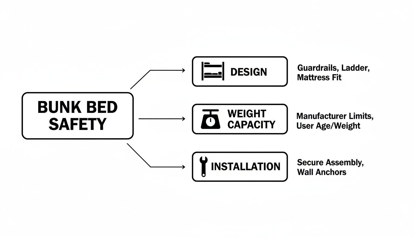 A flowchart detailing bunk bed safety, including design, weight capacity, and installation considerations.