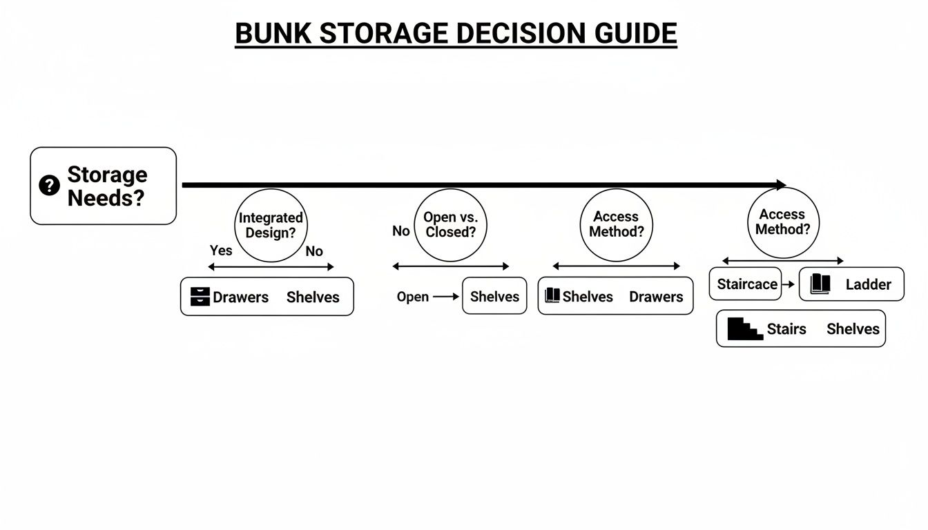 A flowchart titled "Bunk Storage Decision Guide" illustrating choices for integrated design, open vs. closed, and access methods.