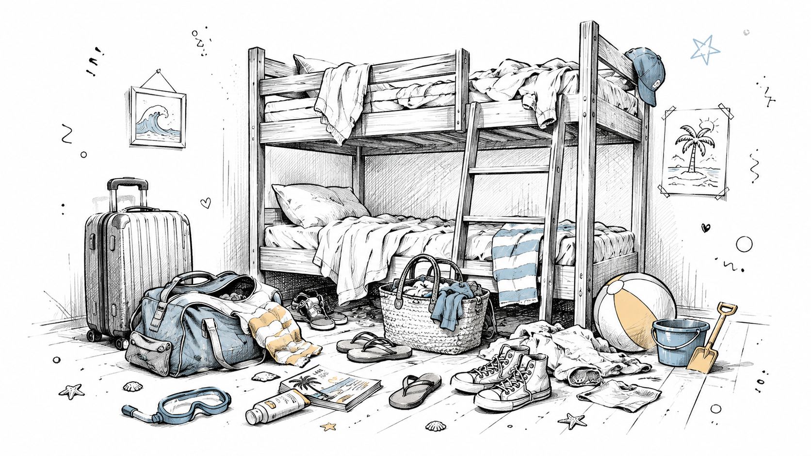 A hand-drawn sketch of a messy bedroom with a bunk bed, luggage, beach gear, and scattered clothing items.
