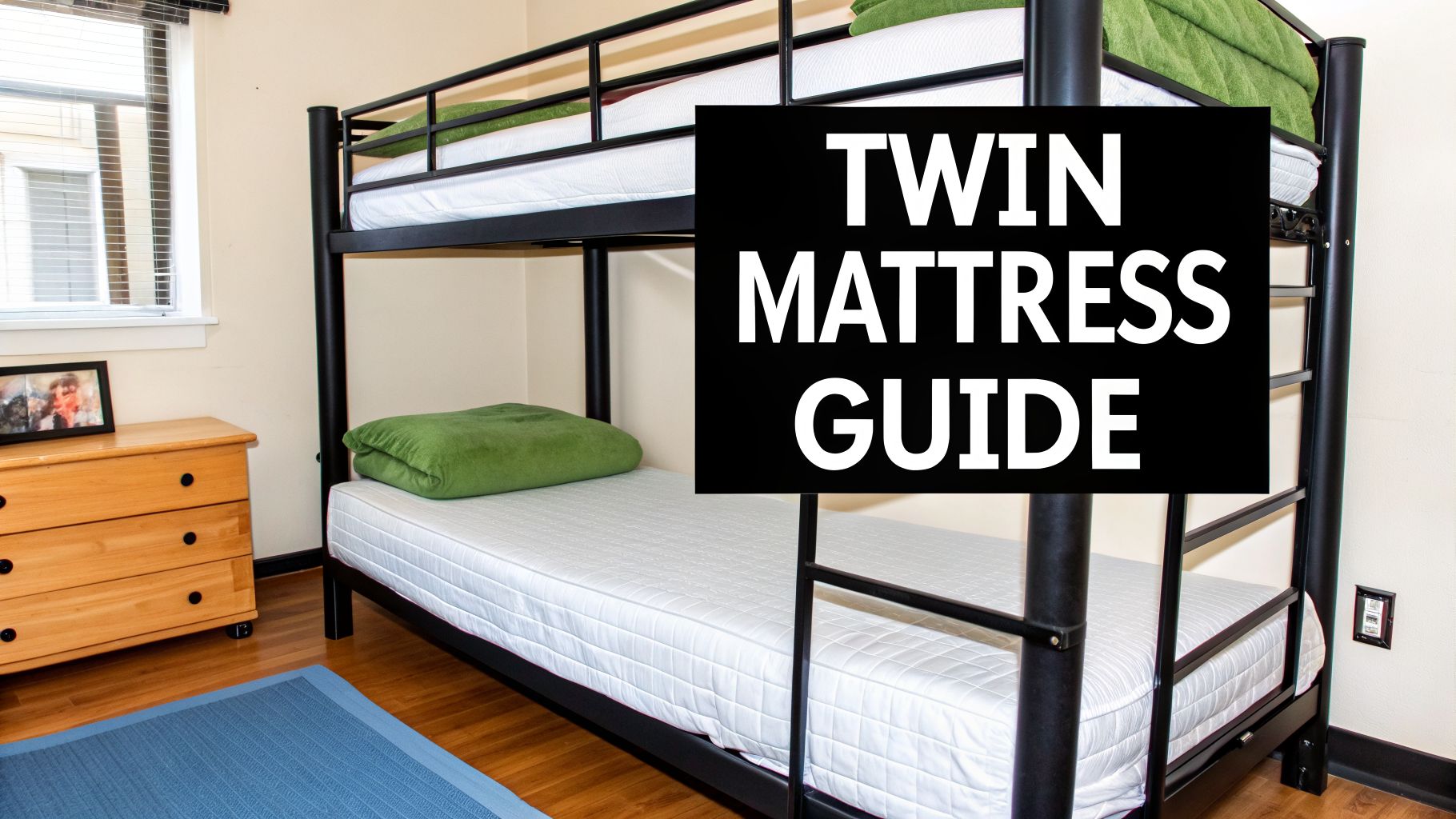 A room with a black metal bunk bed, twin mattresses, green blankets, a wooden dresser, and a window.