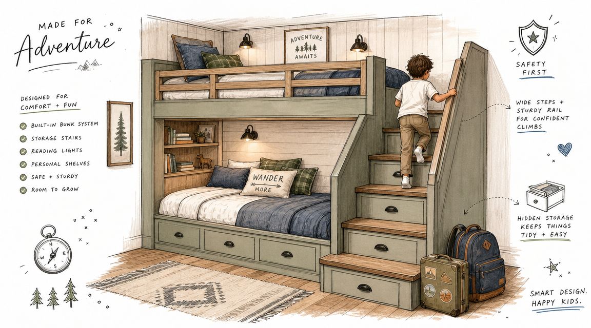 A rustic bunk bed with stairs containing hidden drawers, perfect for a child's adventure themed bedroom.