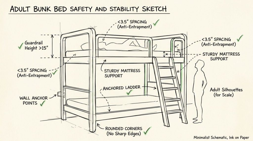 A safety sketch illustrating key structural requirements and guidelines for maintaining stable, secure adult bunk beds.