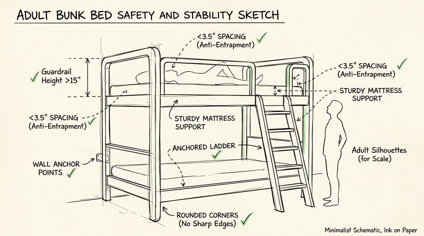 A safety sketch illustrating key structural requirements and guidelines for maintaining stable, secure adult bunk beds.