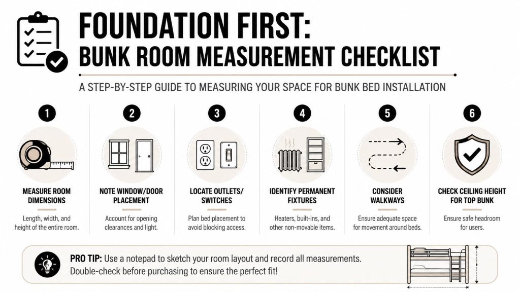 A six-step checklist infographic illustrating how to accurately measure a room for a new bunk bed installation.