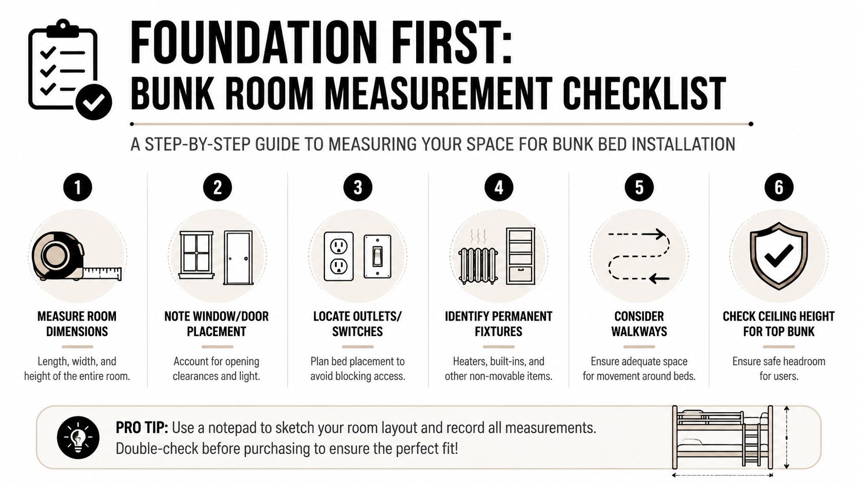 A six-step checklist infographic illustrating how to accurately measure a room for a new bunk bed installation.