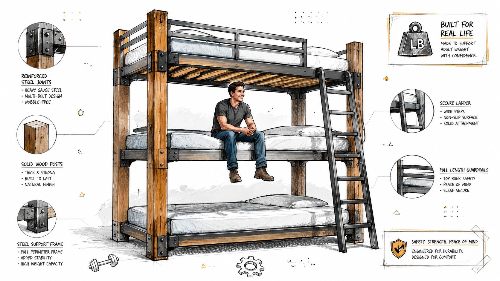 A sturdy triple bunk bed with wood posts and steel frames, designed for adult weight and durability.