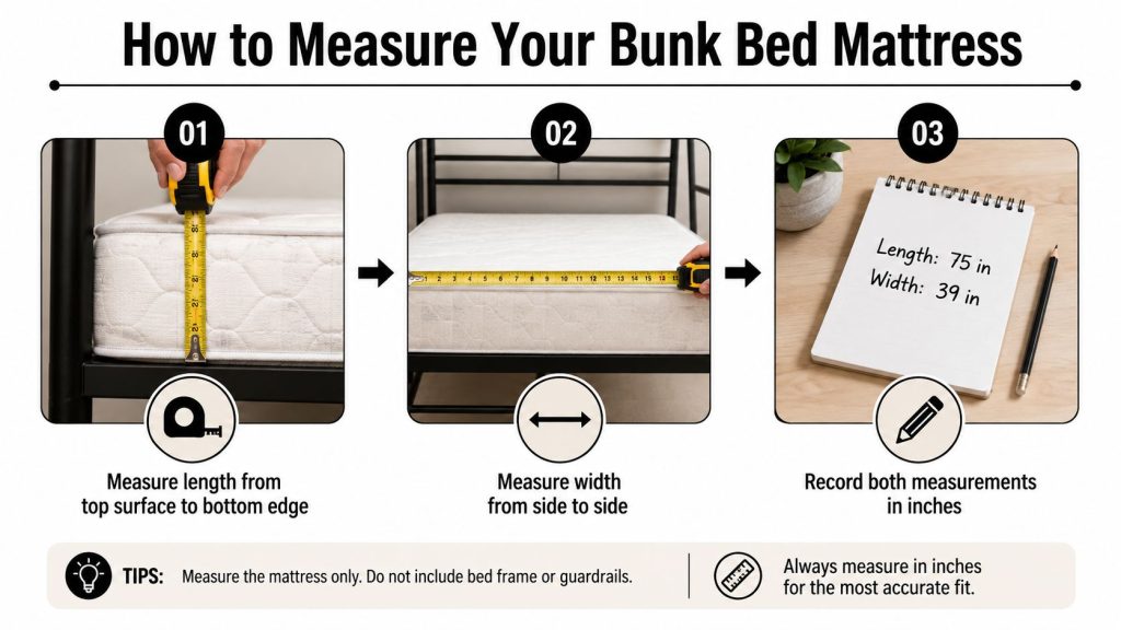 A three-step instructional guide demonstrating how to measure a bunk bed mattress using a tape measure.