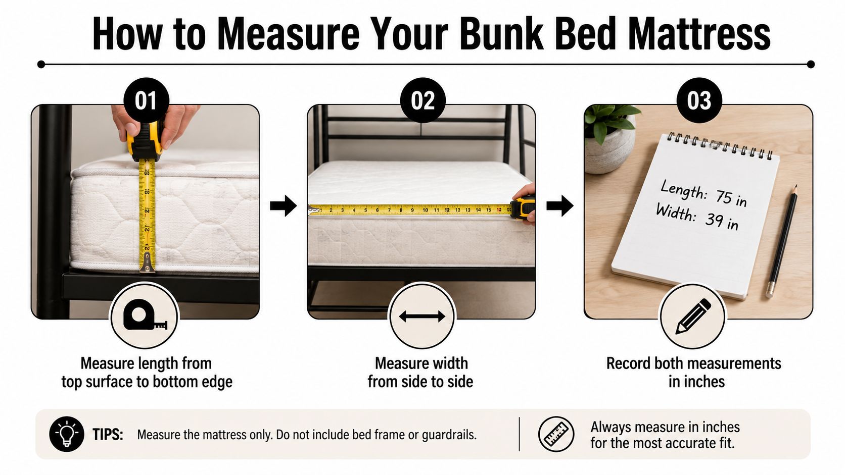 A three-step instructional guide demonstrating how to measure a bunk bed mattress using a tape measure.