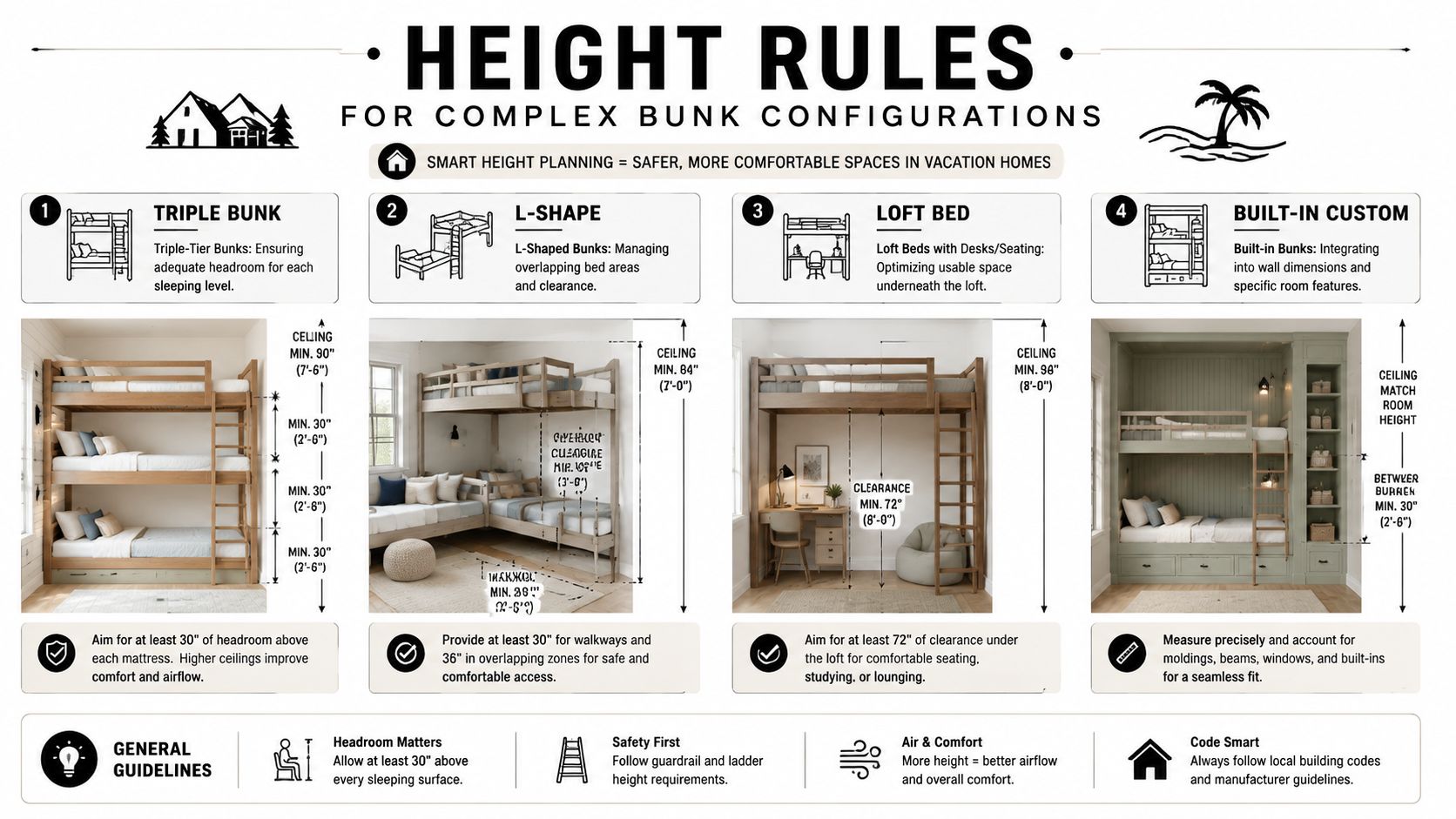 A visual guide illustrating height requirements for various bunk bed configurations in vacation homes and bedrooms.