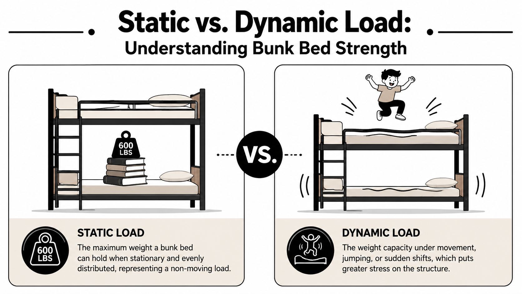 An infographic comparing static load versus dynamic load for bunk bed weight capacity and structural safety.
