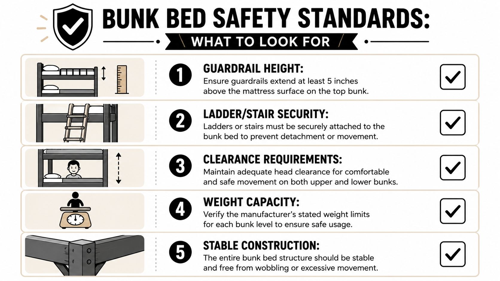An infographic detailing five essential safety standards for choosing and maintaining a secure bunk bed.