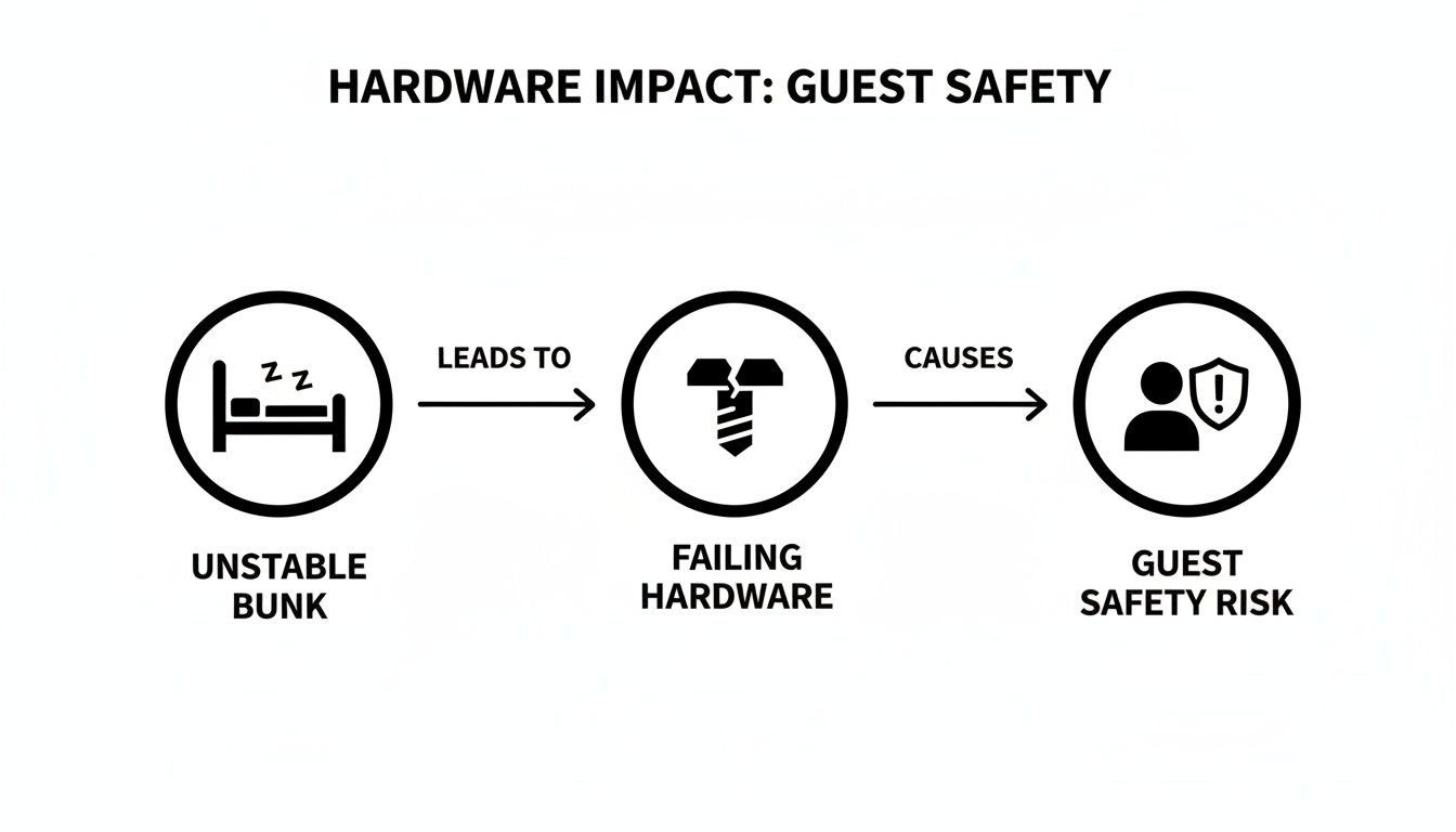 Flowchart illustrating how unstable bunk beds with failing hardware lead to guest safety risks.