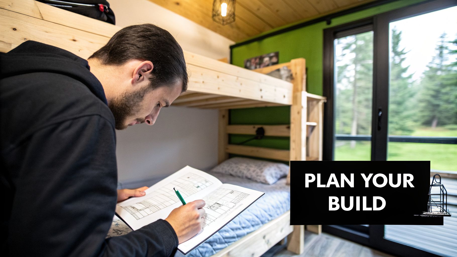 Man reviews building plans with a pencil in a room with a bunk bed and a forest view.