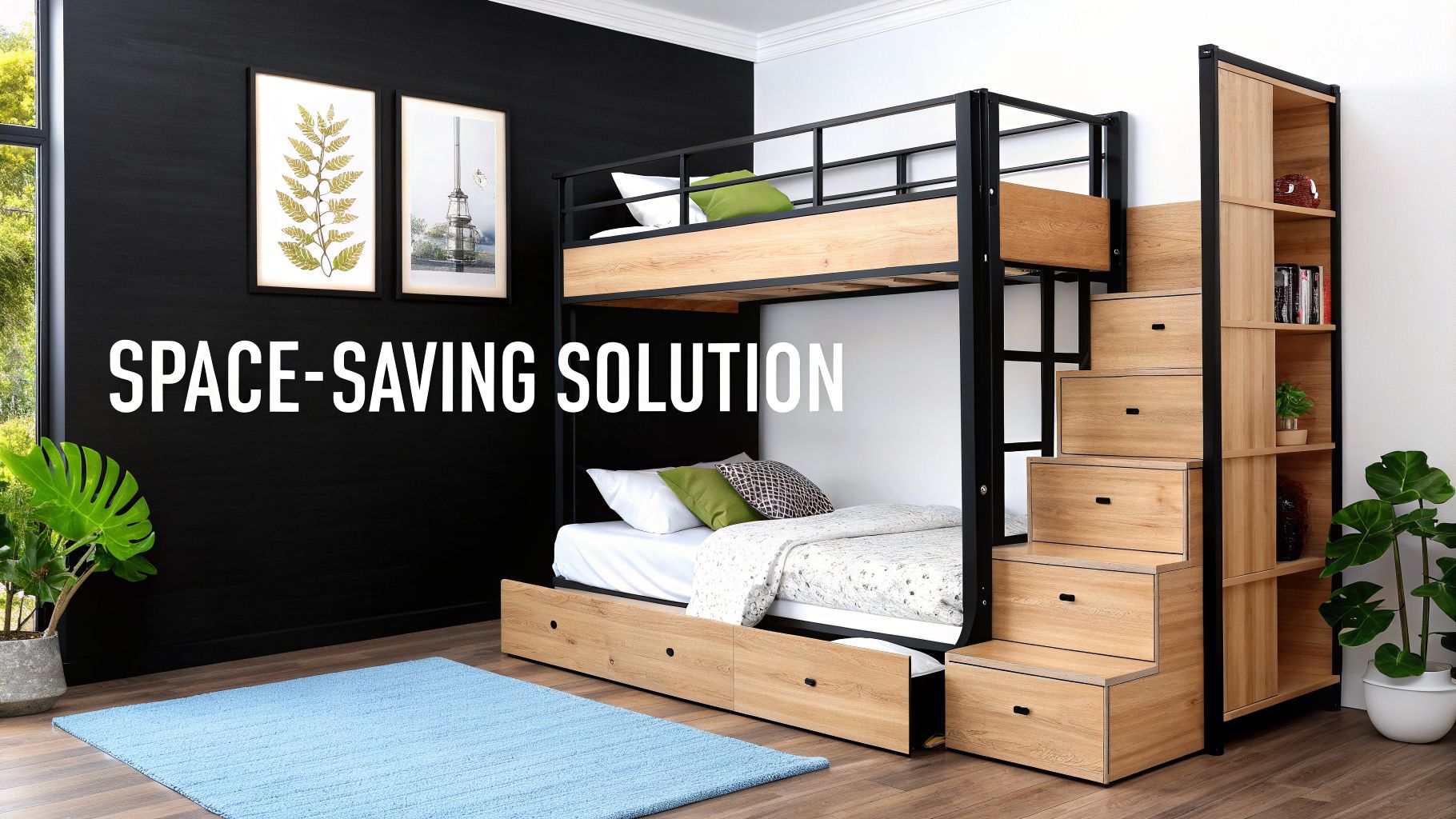 Modern bunk bed with integrated stair storage and shelving, perfect for a space-saving solution.